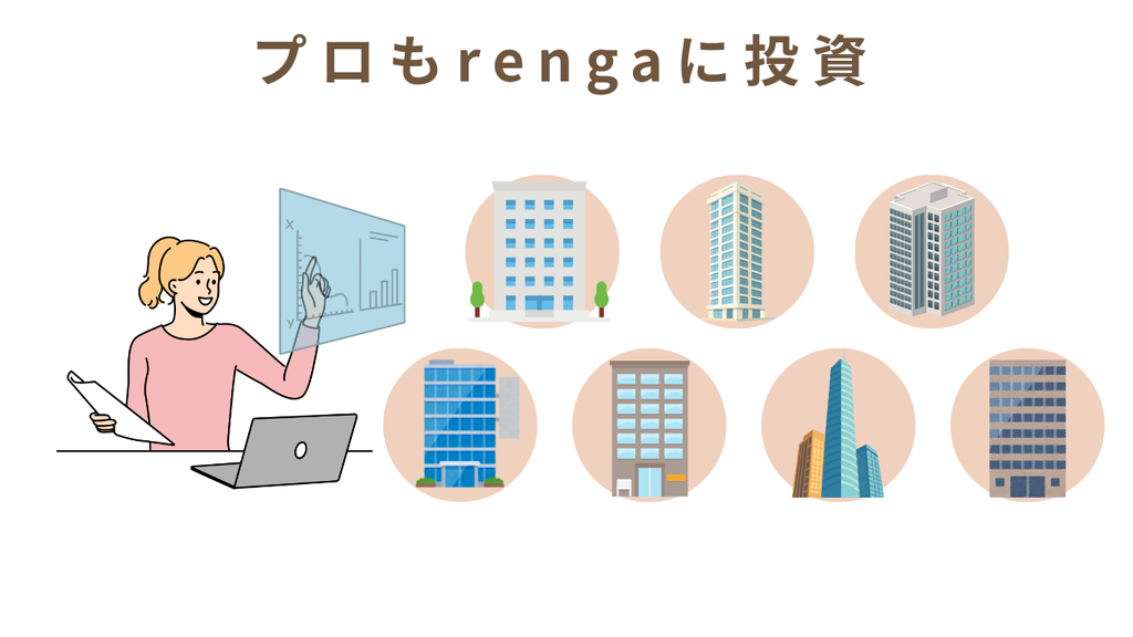 資産運用のプロもrengaに投資していることを、資料を分析する人物と複数の建物で表した図解。