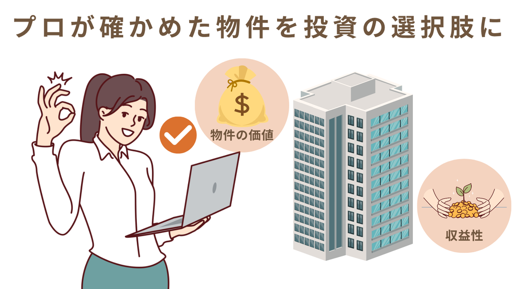 プロが物件の価値や収益性を確認した不動産を、投資の選択肢にできることを示す図解。