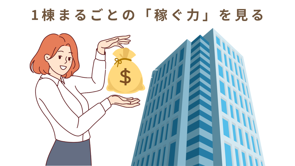 マンション1棟全体の家賃収入に注目することを、お金を持つ女性と建物で示した図解。