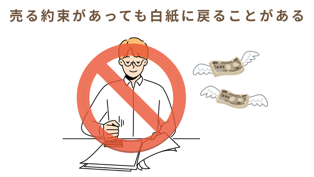 売る約束があっても白紙に戻ることがあると伝える、契約書に押印する人物と取り消しマークの図解。